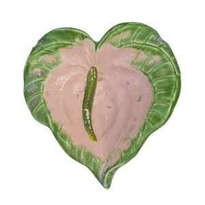 Vintage Anthurium Leaf Ceramic Trinket Dish Pink Green Tropical Botanical Bowl